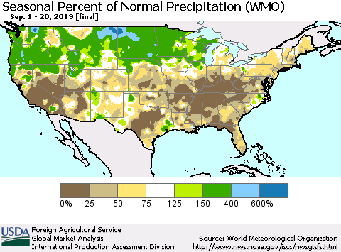 United States Seasonal Percent of Normal Precipitation (WMO) Thematic Map For 9/1/2019 - 9/20/2019