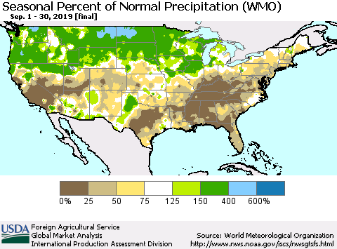 United States Seasonal Percent of Normal Precipitation (WMO) Thematic Map For 9/1/2019 - 9/30/2019