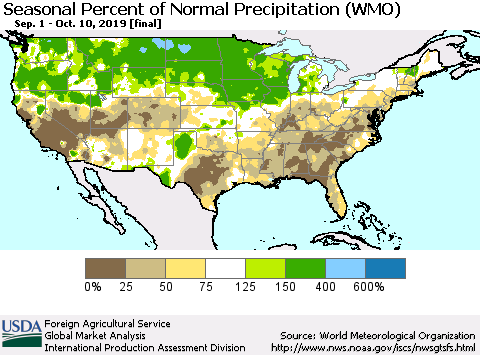 United States Seasonal Percent of Normal Precipitation (WMO) Thematic Map For 9/1/2019 - 10/10/2019
