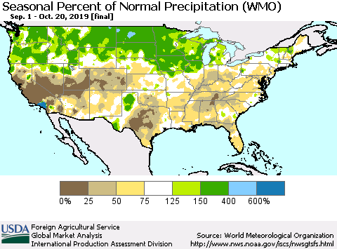 United States Seasonal Percent of Normal Precipitation (WMO) Thematic Map For 9/1/2019 - 10/20/2019