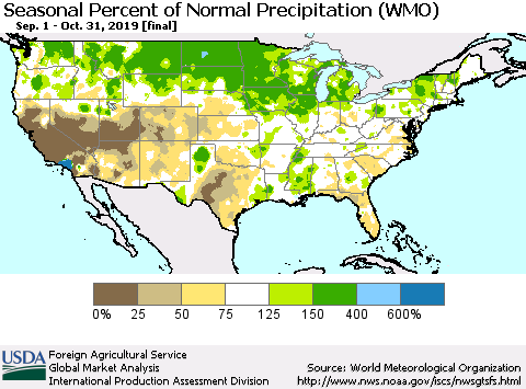 United States Seasonal Percent of Normal Precipitation (WMO) Thematic Map For 9/1/2019 - 10/31/2019