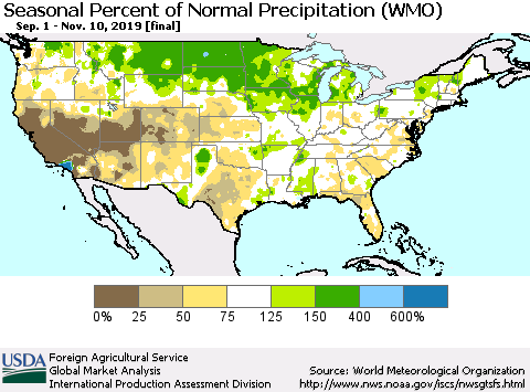 United States Seasonal Percent of Normal Precipitation (WMO) Thematic Map For 9/1/2019 - 11/10/2019