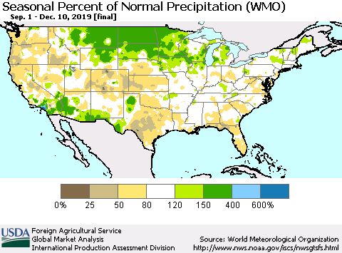 United States Seasonal Percent of Normal Precipitation (WMO) Thematic Map For 9/1/2019 - 12/10/2019