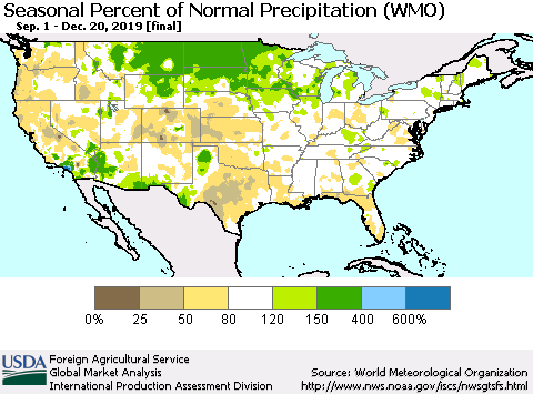 United States Seasonal Percent of Normal Precipitation (WMO) Thematic Map For 9/1/2019 - 12/20/2019