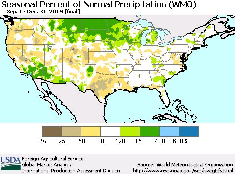 United States Seasonal Percent of Normal Precipitation (WMO) Thematic Map For 9/1/2019 - 12/31/2019