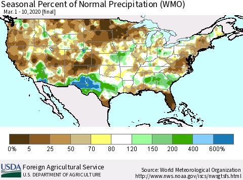 United States Seasonal Percent of Normal Precipitation (WMO) Thematic Map For 3/1/2020 - 3/10/2020