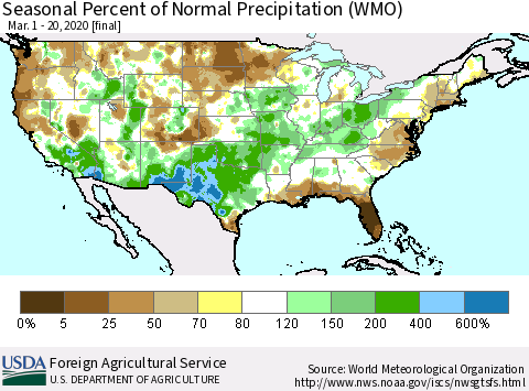 United States Seasonal Percent of Normal Precipitation (WMO) Thematic Map For 3/1/2020 - 3/20/2020