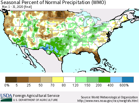United States Seasonal Percent of Normal Precipitation (WMO) Thematic Map For 3/1/2020 - 3/31/2020