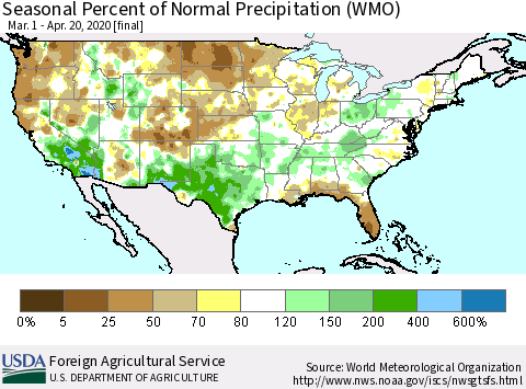 United States Seasonal Percent of Normal Precipitation (WMO) Thematic Map For 3/1/2020 - 4/20/2020