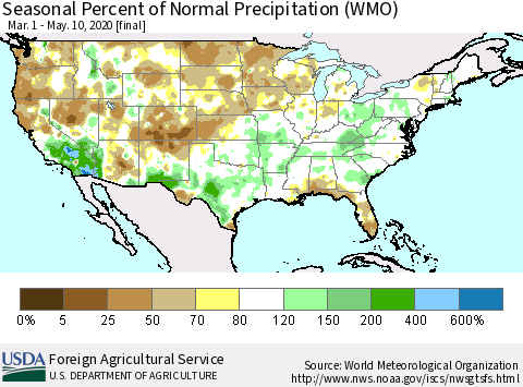 United States Seasonal Percent of Normal Precipitation (WMO) Thematic Map For 3/1/2020 - 5/10/2020