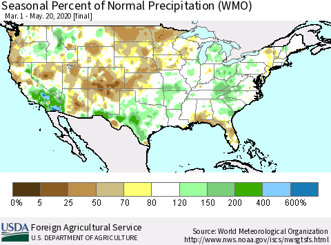 United States Seasonal Percent of Normal Precipitation (WMO) Thematic Map For 3/1/2020 - 5/20/2020