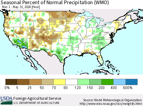 United States Seasonal Percent of Normal Precipitation (WMO) Thematic Map For 3/1/2020 - 5/31/2020