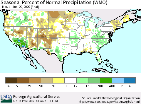 United States Seasonal Percent of Normal Precipitation (WMO) Thematic Map For 3/1/2020 - 6/20/2020