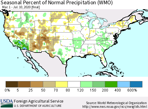 United States Seasonal Percent of Normal Precipitation (WMO) Thematic Map For 3/1/2020 - 7/10/2020
