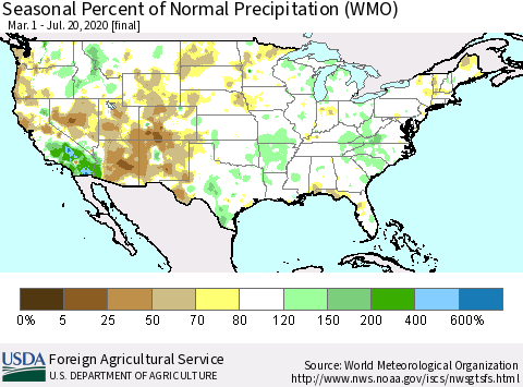 United States Seasonal Percent of Normal Precipitation (WMO) Thematic Map For 3/1/2020 - 7/20/2020