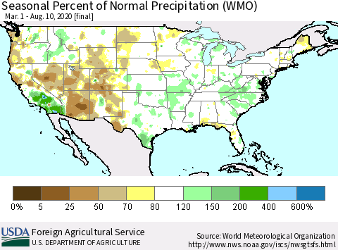 United States Seasonal Percent of Normal Precipitation (WMO) Thematic Map For 3/1/2020 - 8/10/2020
