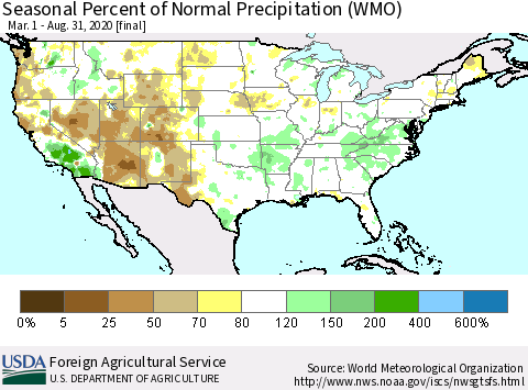 United States Seasonal Percent of Normal Precipitation (WMO) Thematic Map For 3/1/2020 - 8/31/2020