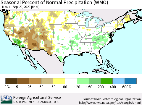 United States Seasonal Percent of Normal Precipitation (WMO) Thematic Map For 3/1/2020 - 9/20/2020