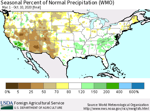 United States Seasonal Percent of Normal Precipitation (WMO) Thematic Map For 3/1/2020 - 10/10/2020