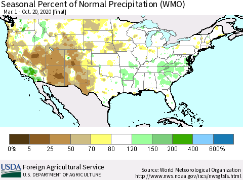 United States Seasonal Percent of Normal Precipitation (WMO) Thematic Map For 3/1/2020 - 10/20/2020