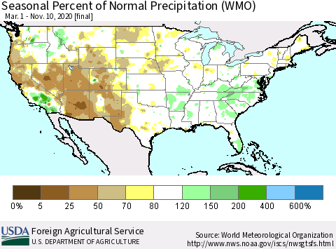 United States Seasonal Percent of Normal Precipitation (WMO) Thematic Map For 3/1/2020 - 11/10/2020