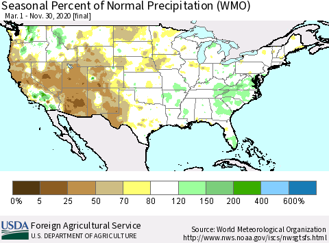 United States Seasonal Percent of Normal Precipitation (WMO) Thematic Map For 3/1/2020 - 11/30/2020