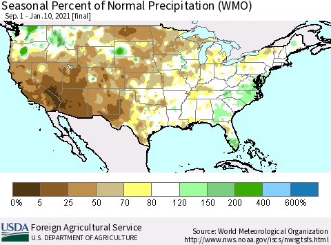 United States Seasonal Percent of Normal Precipitation (WMO) Thematic Map For 9/1/2020 - 1/10/2021
