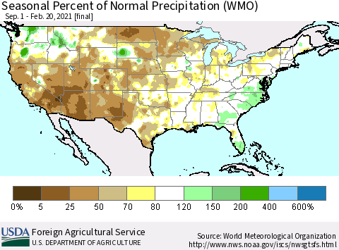 United States Seasonal Percent of Normal Precipitation (WMO) Thematic Map For 9/1/2020 - 2/20/2021