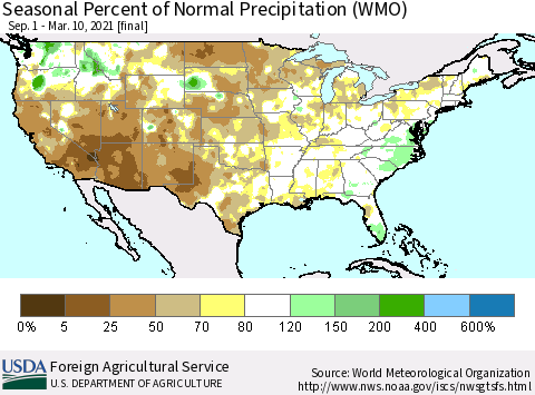 United States Seasonal Percent of Normal Precipitation (WMO) Thematic Map For 9/1/2020 - 3/10/2021