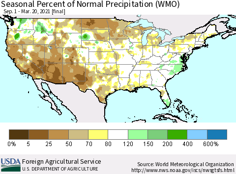 United States Seasonal Percent of Normal Precipitation (WMO) Thematic Map For 9/1/2020 - 3/20/2021