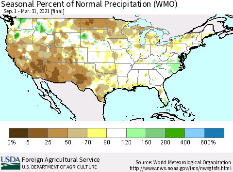 United States Seasonal Percent of Normal Precipitation (WMO) Thematic Map For 9/1/2020 - 3/31/2021