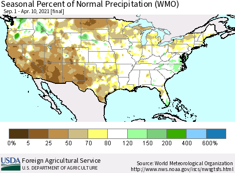 United States Seasonal Percent of Normal Precipitation (WMO) Thematic Map For 9/1/2020 - 4/10/2021