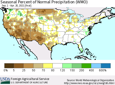 United States Seasonal Percent of Normal Precipitation (WMO) Thematic Map For 9/1/2020 - 4/20/2021