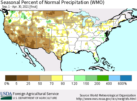 United States Seasonal Percent of Normal Precipitation (WMO) Thematic Map For 9/1/2020 - 4/30/2021