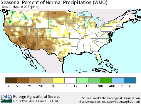 United States Seasonal Percent of Normal Precipitation (WMO) Thematic Map For 9/1/2020 - 5/10/2021