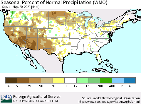 United States Seasonal Percent of Normal Precipitation (WMO) Thematic Map For 9/1/2020 - 5/20/2021