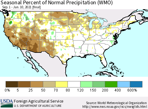 United States Seasonal Percent of Normal Precipitation (WMO) Thematic Map For 9/1/2020 - 6/10/2021