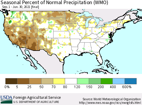 United States Seasonal Percent of Normal Precipitation (WMO) Thematic Map For 9/1/2020 - 6/30/2021