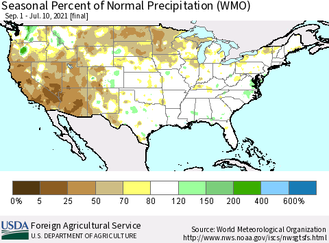 United States Seasonal Percent of Normal Precipitation (WMO) Thematic Map For 9/1/2020 - 7/10/2021