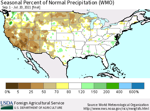 United States Seasonal Percent of Normal Precipitation (WMO) Thematic Map For 9/1/2020 - 7/20/2021
