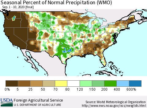 United States Seasonal Percent of Normal Precipitation (WMO) Thematic Map For 9/1/2020 - 9/10/2020