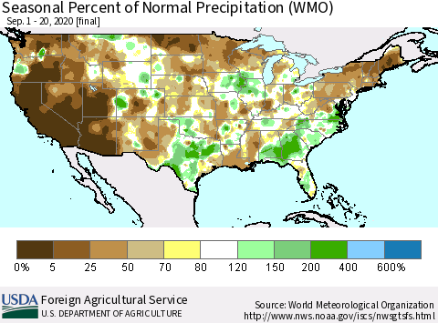 United States Seasonal Percent of Normal Precipitation (WMO) Thematic Map For 9/1/2020 - 9/20/2020