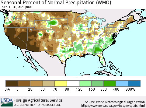 United States Seasonal Percent of Normal Precipitation (WMO) Thematic Map For 9/1/2020 - 9/30/2020