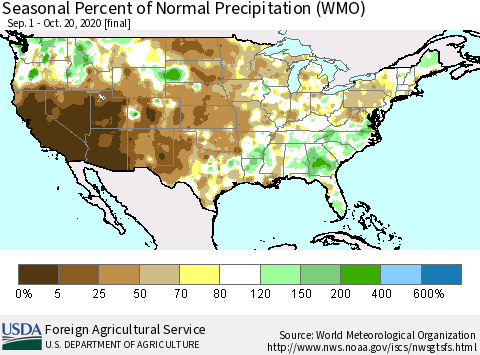 United States Seasonal Percent of Normal Precipitation (WMO) Thematic Map For 9/1/2020 - 10/20/2020