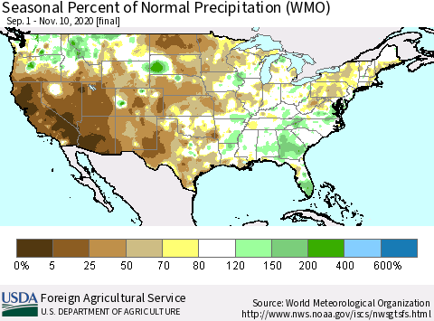 United States Seasonal Percent of Normal Precipitation (WMO) Thematic Map For 9/1/2020 - 11/10/2020