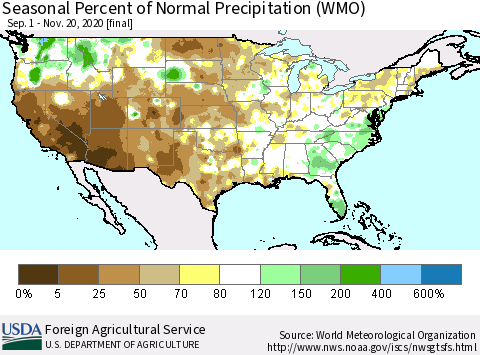 United States Seasonal Percent of Normal Precipitation (WMO) Thematic Map For 9/1/2020 - 11/20/2020