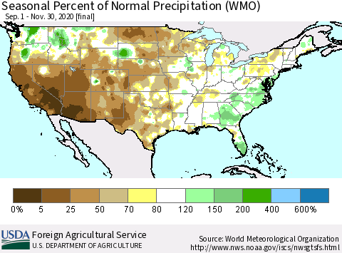 United States Seasonal Percent of Normal Precipitation (WMO) Thematic Map For 9/1/2020 - 11/30/2020