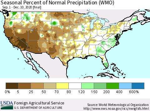 United States Seasonal Percent of Normal Precipitation (WMO) Thematic Map For 9/1/2020 - 12/10/2020