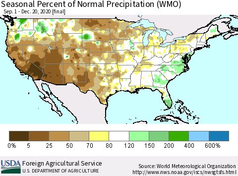 United States Seasonal Percent of Normal Precipitation (WMO) Thematic Map For 9/1/2020 - 12/20/2020