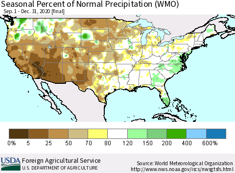 United States Seasonal Percent of Normal Precipitation (WMO) Thematic Map For 9/1/2020 - 12/31/2020